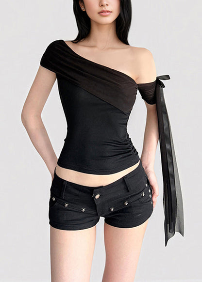 White One Shoulder Asymmetrical Tassel T Shirt Summer