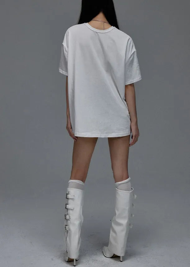 Loose White O Neck Print Cotton T Shirts Summer