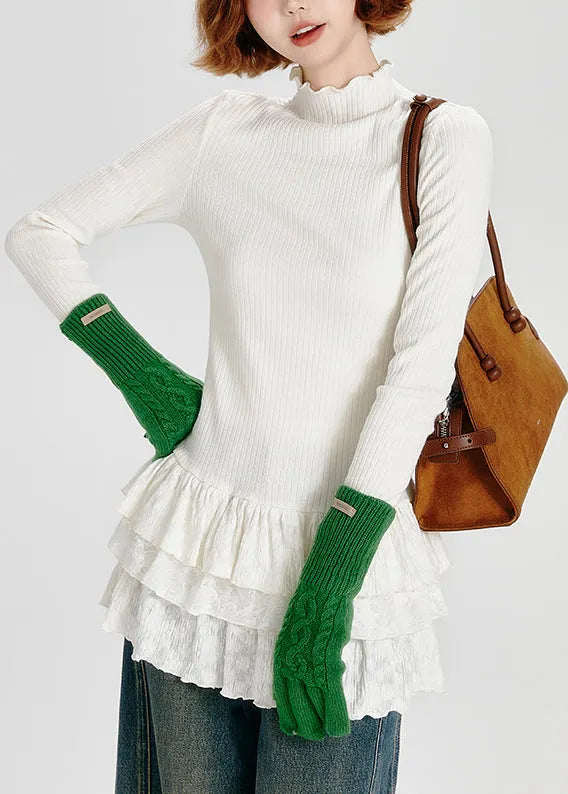 White Hign Neck Ruffled Patchwork Cotton Top Spring