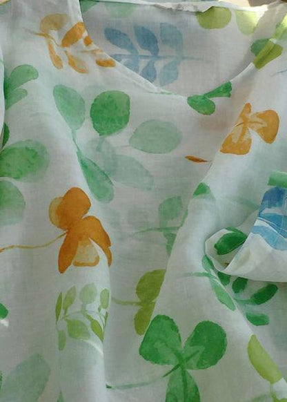 Classy O Neck Blouses for Shape Green Leaf Print Shirts