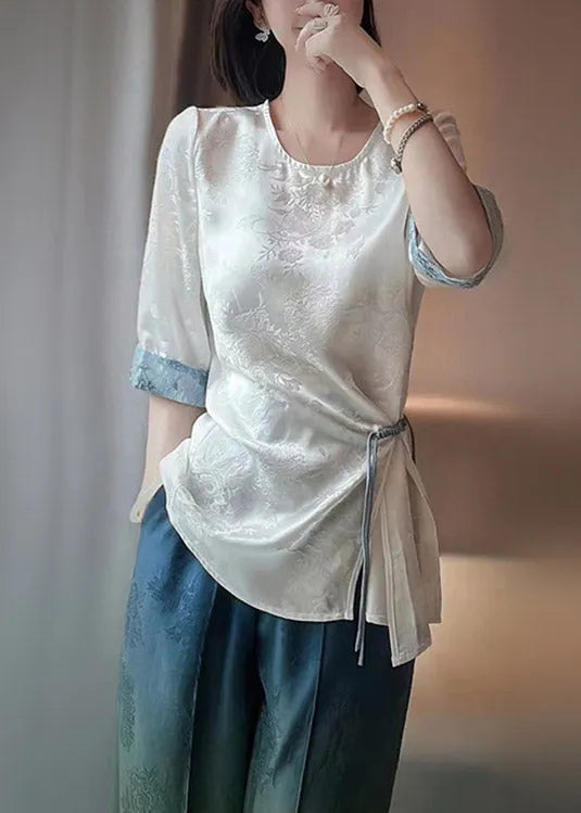 White O-neck Asymmetrical Print Patchwork Drawstring Shirt Bracelet Sleeve