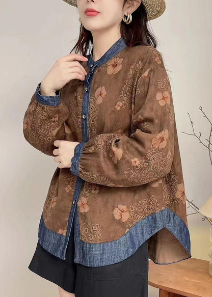 Coffee O-neck Button Tops Long Sleeve