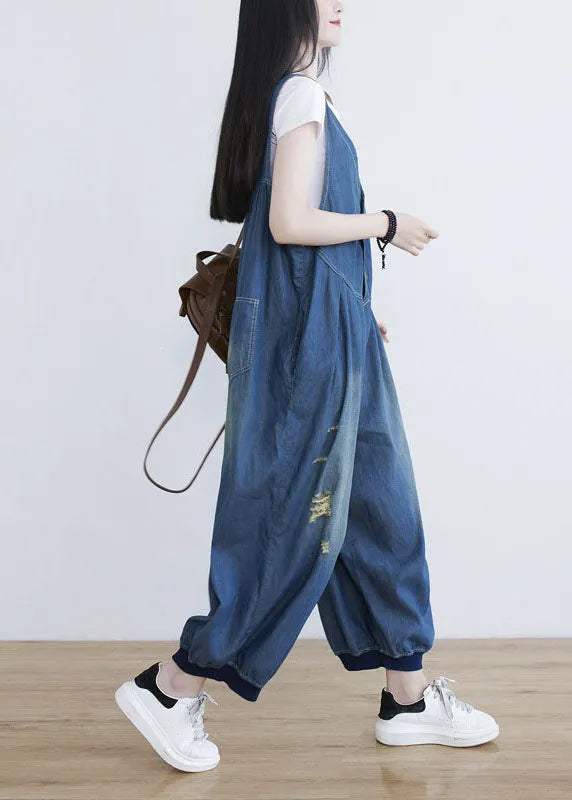 Classy Blue V Neck Oversized Ripped Cotton Denim Jumpsuit Spring