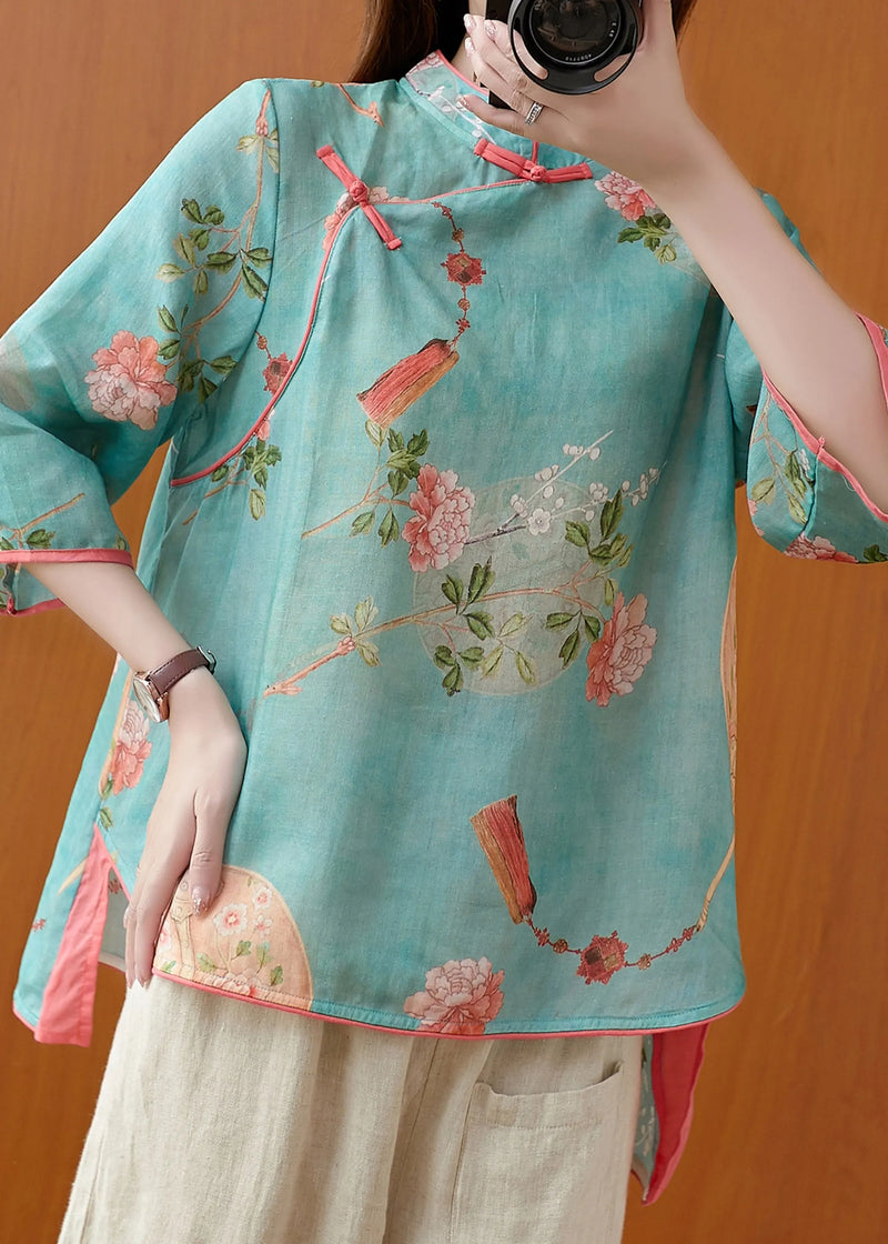 French Green Stand Collar Low High Design Print Linen Blouse Tops Spring