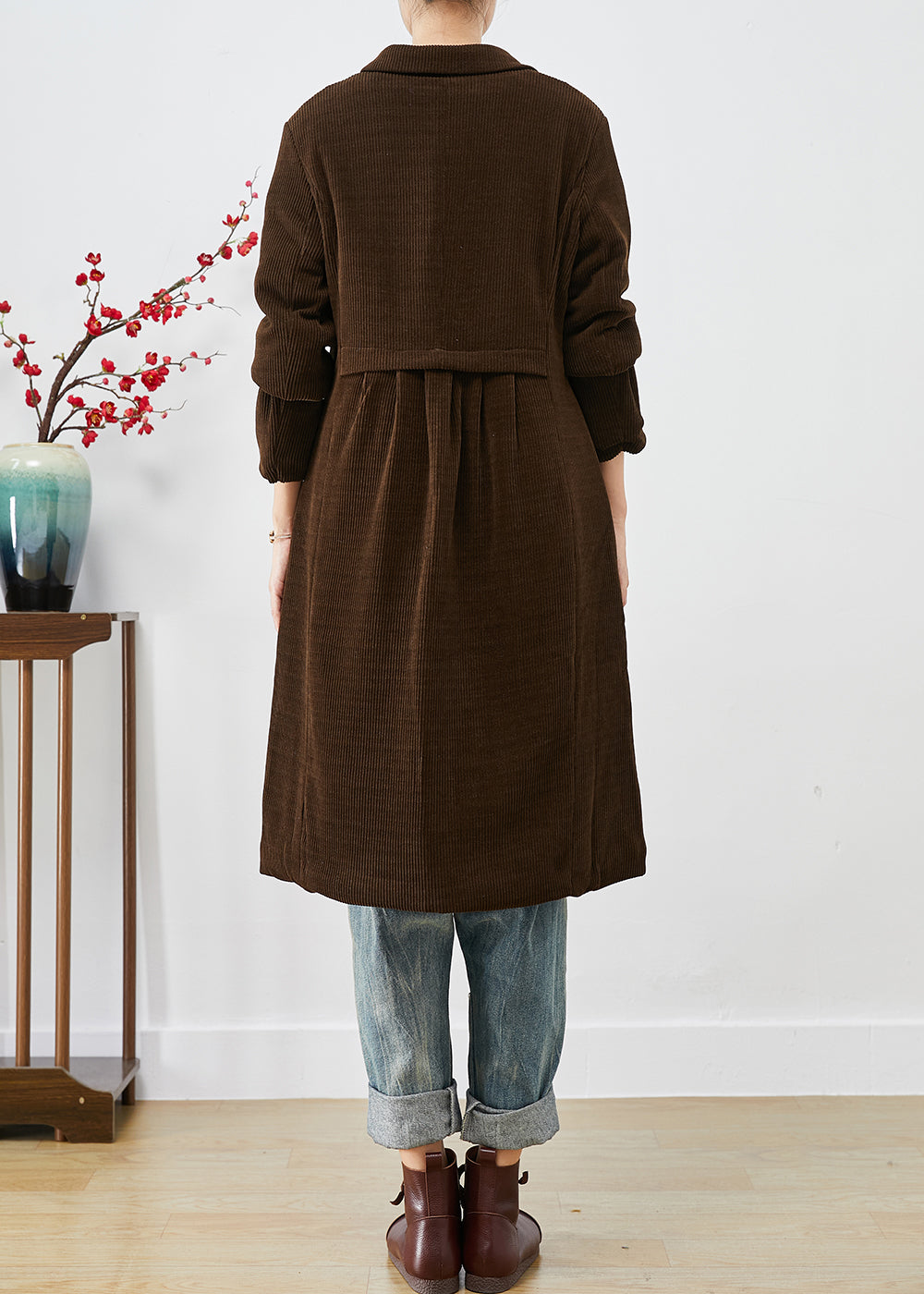 Chocolate Warm Fine Cotton Filled Corduroy Trench Coats Winter