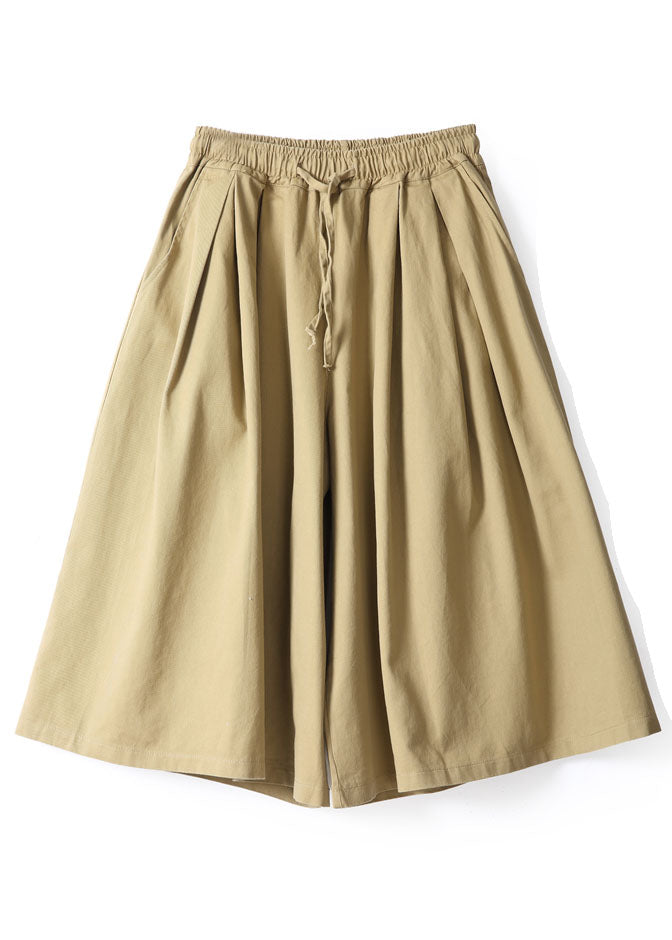 Khaki Pockets Cotton Wide Leg Pants Spring