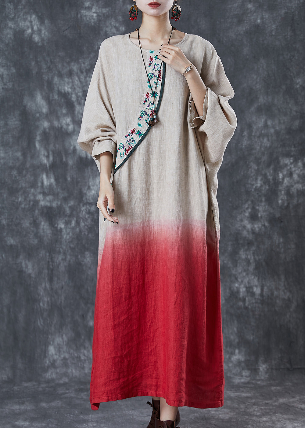 Gradient Color Embroidered Linen Ankle Dress Spring
