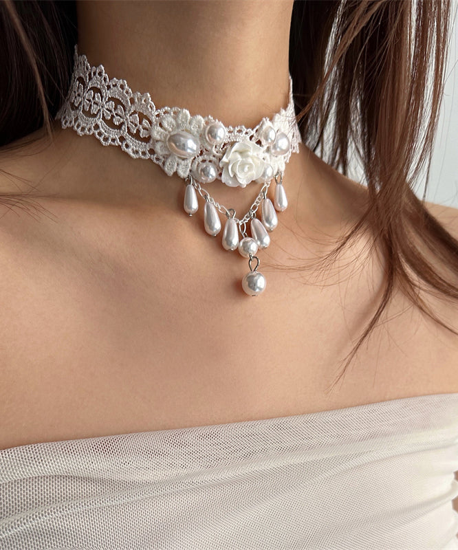 White Acrylic Alloy Lace Pearl Water Drop Pendant Necklace