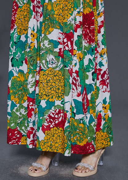 Green Print Chinese Button Cotton Long Dresses Summer