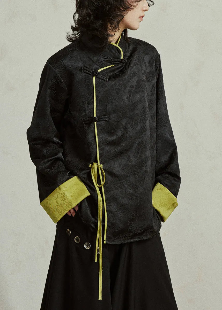 Black Patchwork Button Tassel Top Flare Sleeve