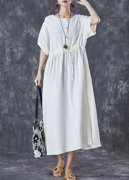 White Cinched Pockets Cotton Holiday Dress Summer