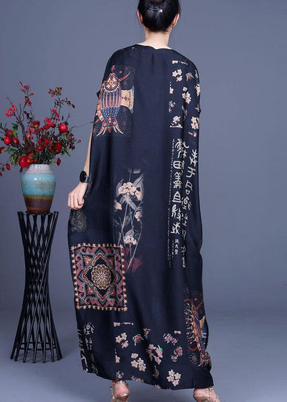 French Black Print Side Open Silk Long Dress Summer