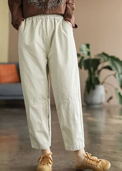 Handmade Beige Elastic Waist Pockets Pants Spring