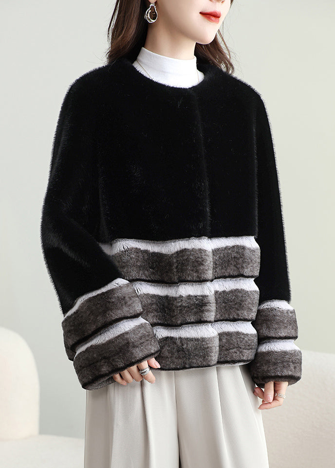 Striped Black O-neck Button Patchwork Leather and Fur Coat Winter