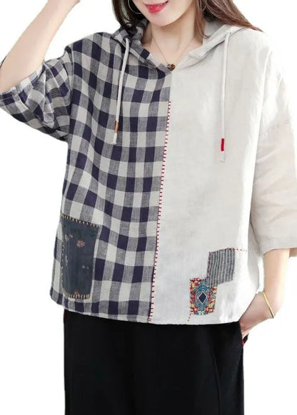 White Hooded Plaid Patchwork Fall Half Sleeve Shirt Top