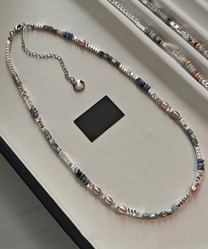 Blue Square Stringing Beads Adjustable Silver Necklace