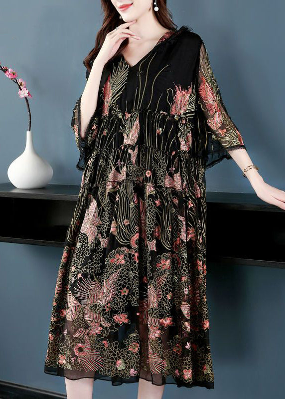 Black Hooded Embroideried Silk a Line Dress Summer