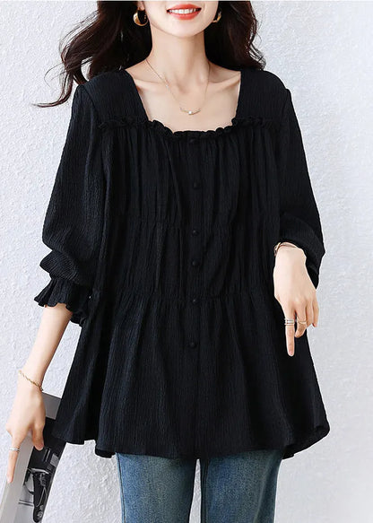 Black Square Collar Wrinkled Cotton Shirt Top Fall