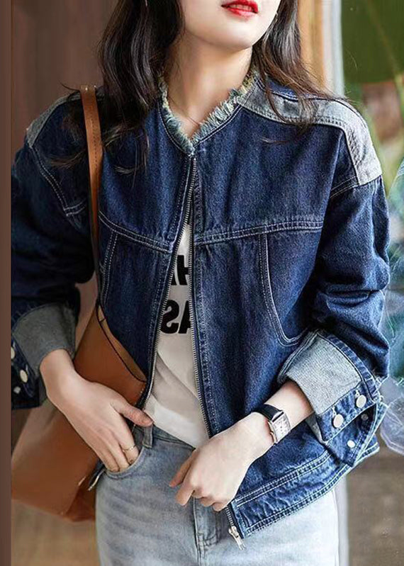 Denim Blue O-neck Zippered Patchwork Coat Long Sleeve