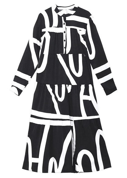 Loose Black Button Patchwork Print Fall Long Sleeve Long Dresses