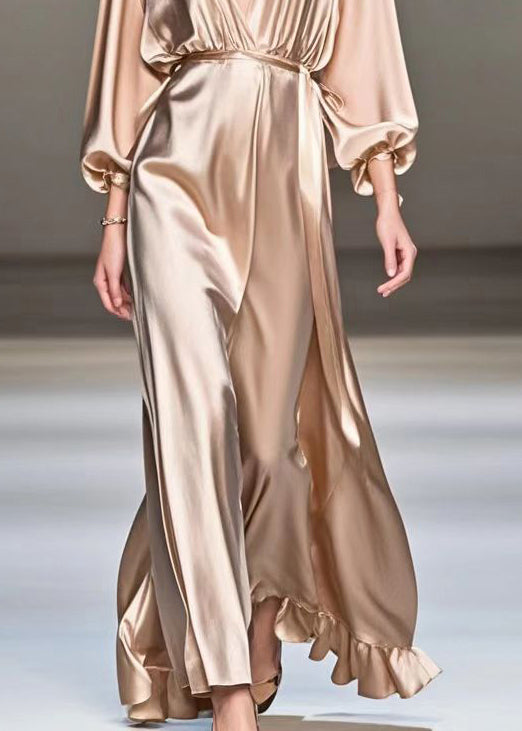 Champagne V Neck Ruffles Silk Long Dresses Fall