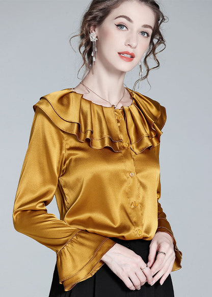 Style Gold Ruffled Patchwork Button Silk Shirt Flare Sleeve Spring