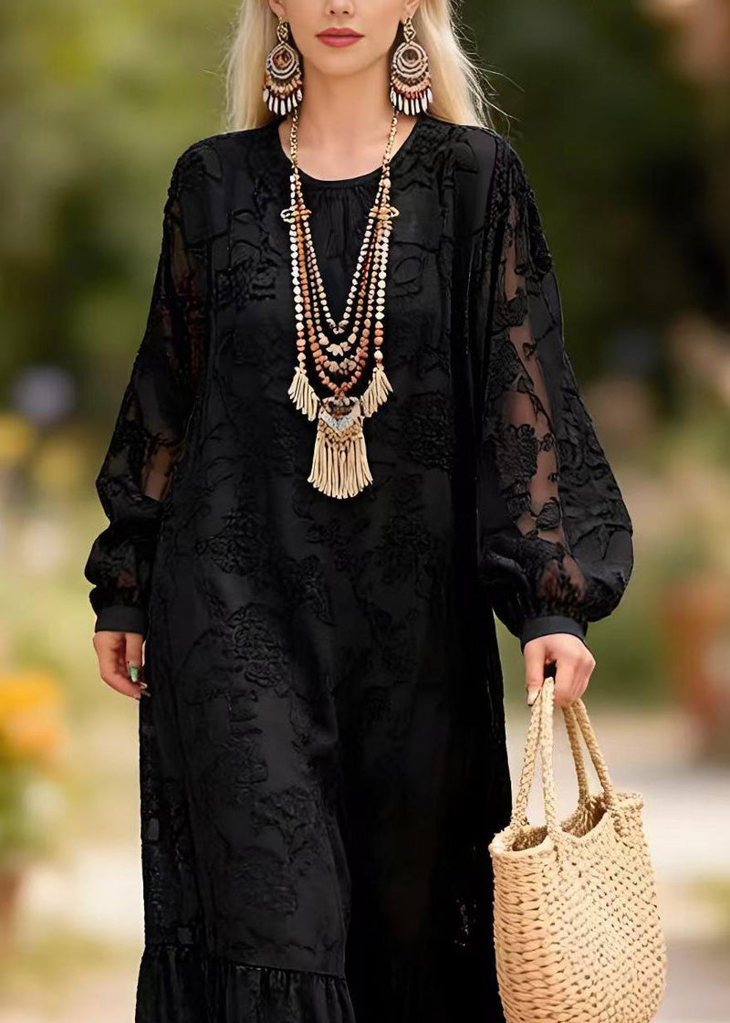 Black O Neck Embroidered Lace Long Dress Spring