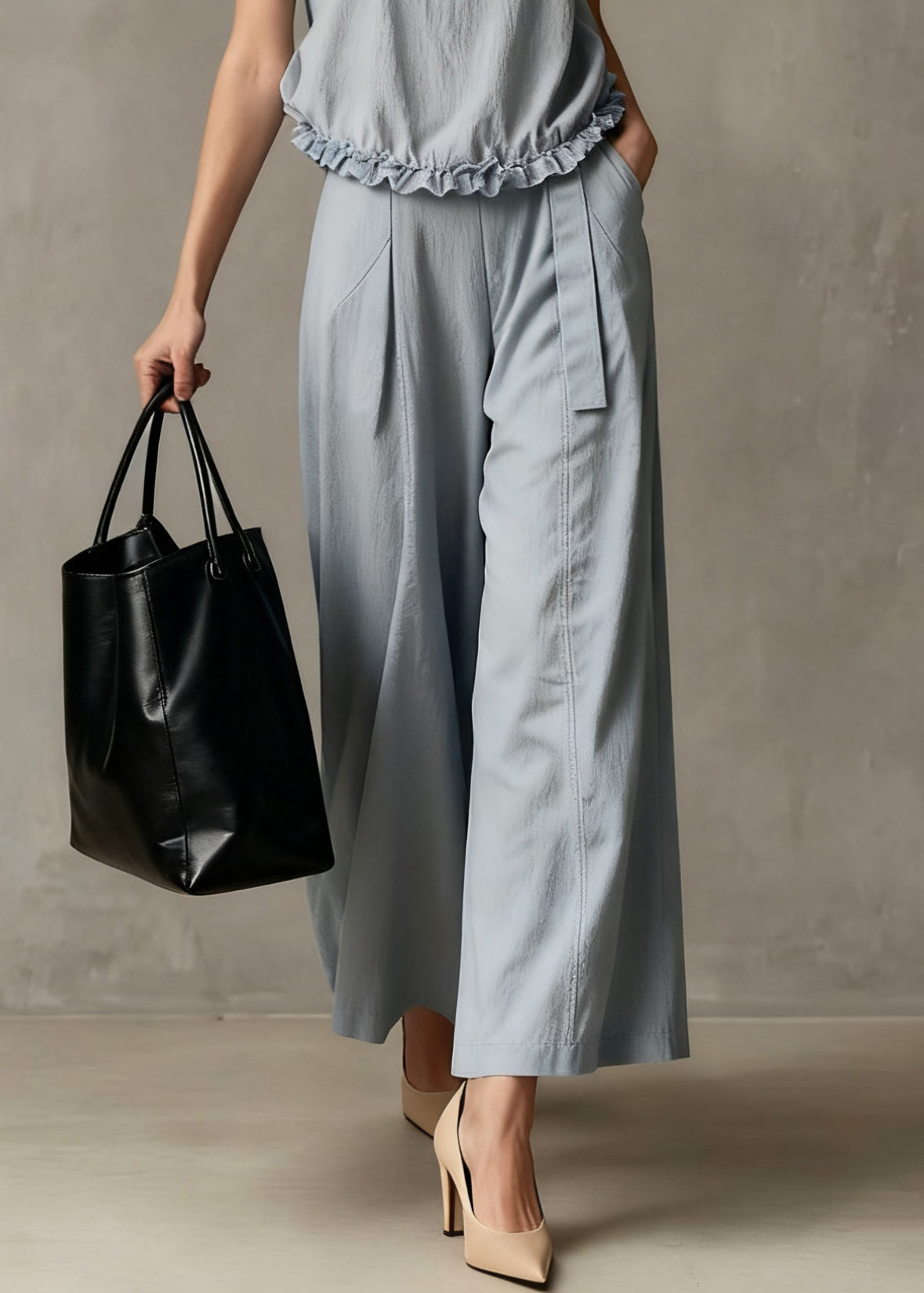 Haze Blue Ruffled Pockets Cotton Two Piece Set Summer