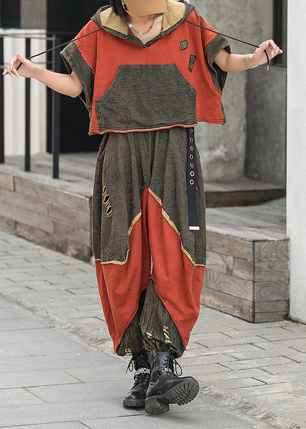 Colorblock Red Hooded Drawstring Patchwork Hole Tops and Harm Pants Two Pieces Set Short Sleeve