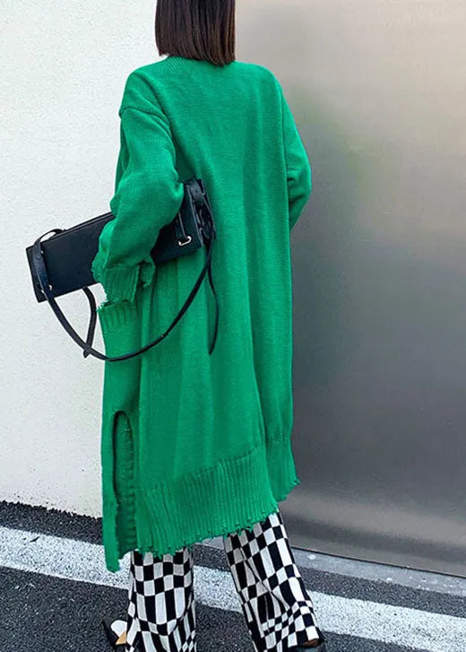 Green Hole Side Open Button Fall Knit Long Sleeve Cardigan