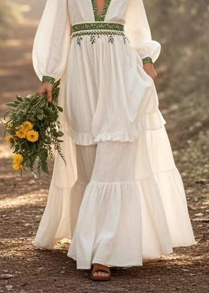 White Deep-v Neck Exra Large Hem Long Dress Spring