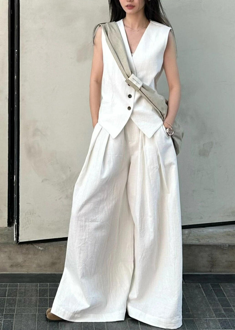 Vogue White V Neck Button Linen Waistcoat and Wide Leg Pants Two Piece Set Summer