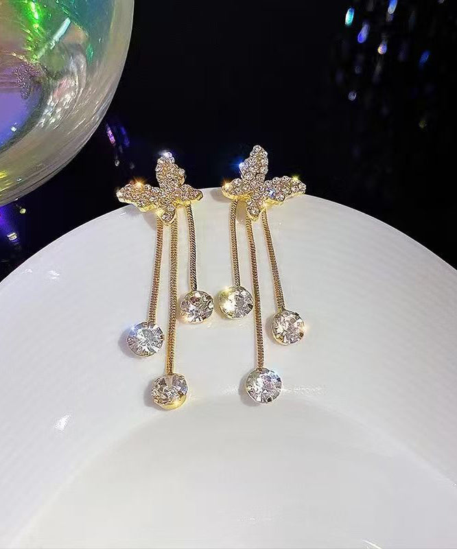 Gold Copper Overgild Zircon Butterfly Tassel Drop Earrings
