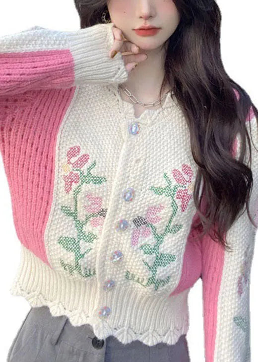 Diy Beige Embroideried Hollow Out Button Fall Sweater