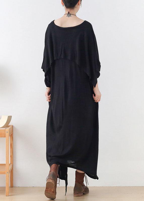 Diy Black Loose Asymmetrical Design Fall Cotton Long Sleeve Dresses