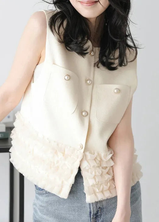 Modern Beige Ruffled Patchwork Cotton Vest Top Sleeveless