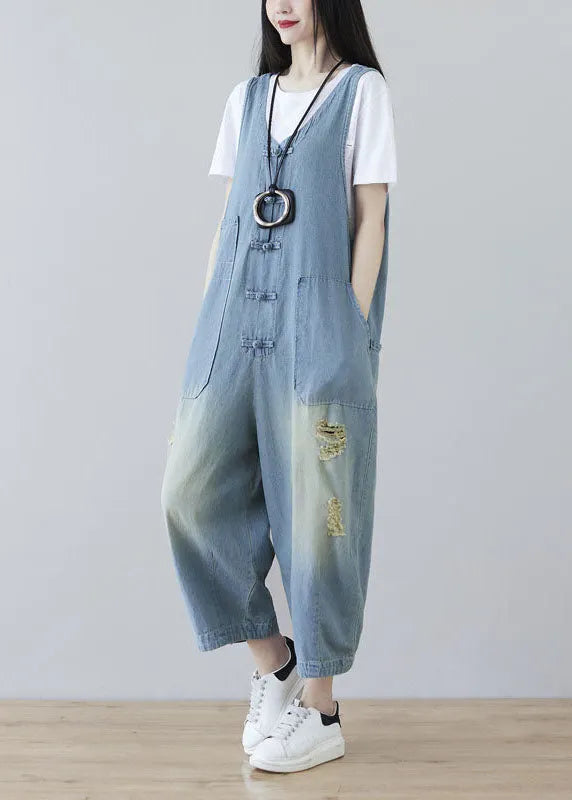 Light Blue Oriental Button Ripped Cotton Denim Jumpsuit Spring
