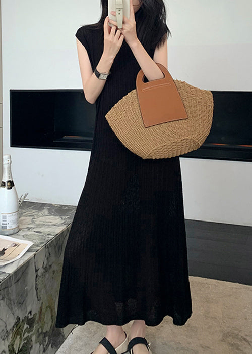 Black O-neck Knit Long Dresses Summer