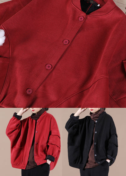 Red Stand Collar Pockets Warm Fleece Jacket Winter