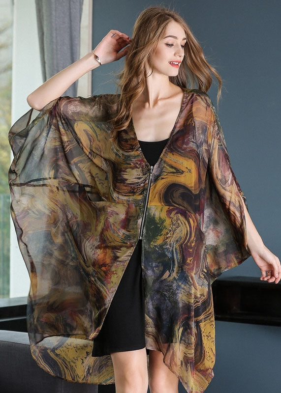 Khaki Oversized Print Chiffon Upf 50+ Coat Jacket Batwing Sleeve