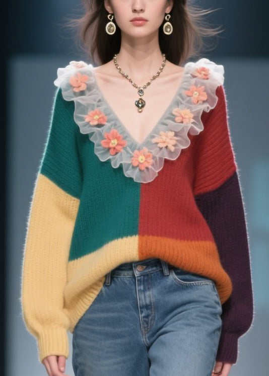 Natural Colorblock Ruffled Knit Sweaters Winter