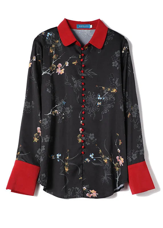 Diy Black Button Print Patchwork Fall Long Sleeve Top