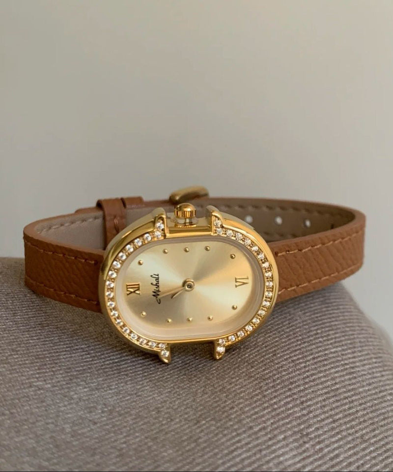Modern Grey Leather Zircon Reinforced Glass Watches