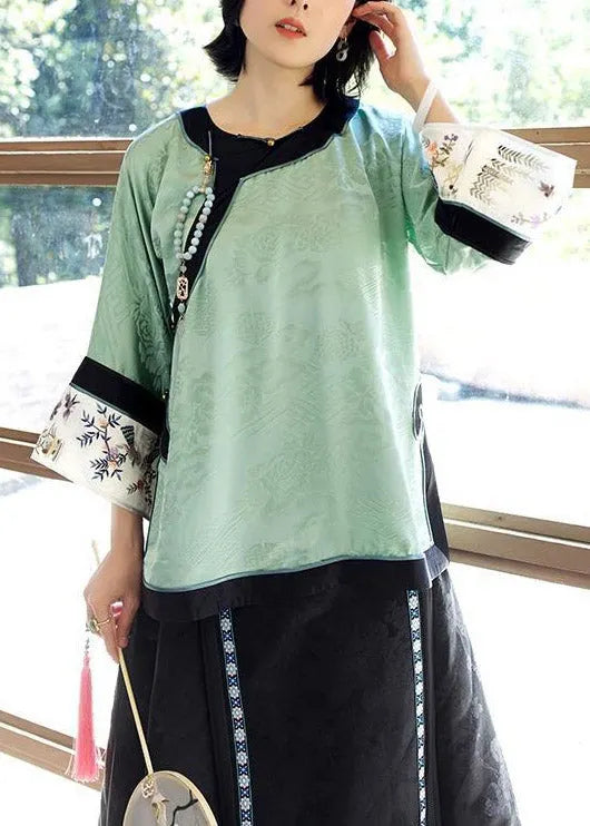 Light Green O-neck Patchwork Print Silk Shirt Tops Spring