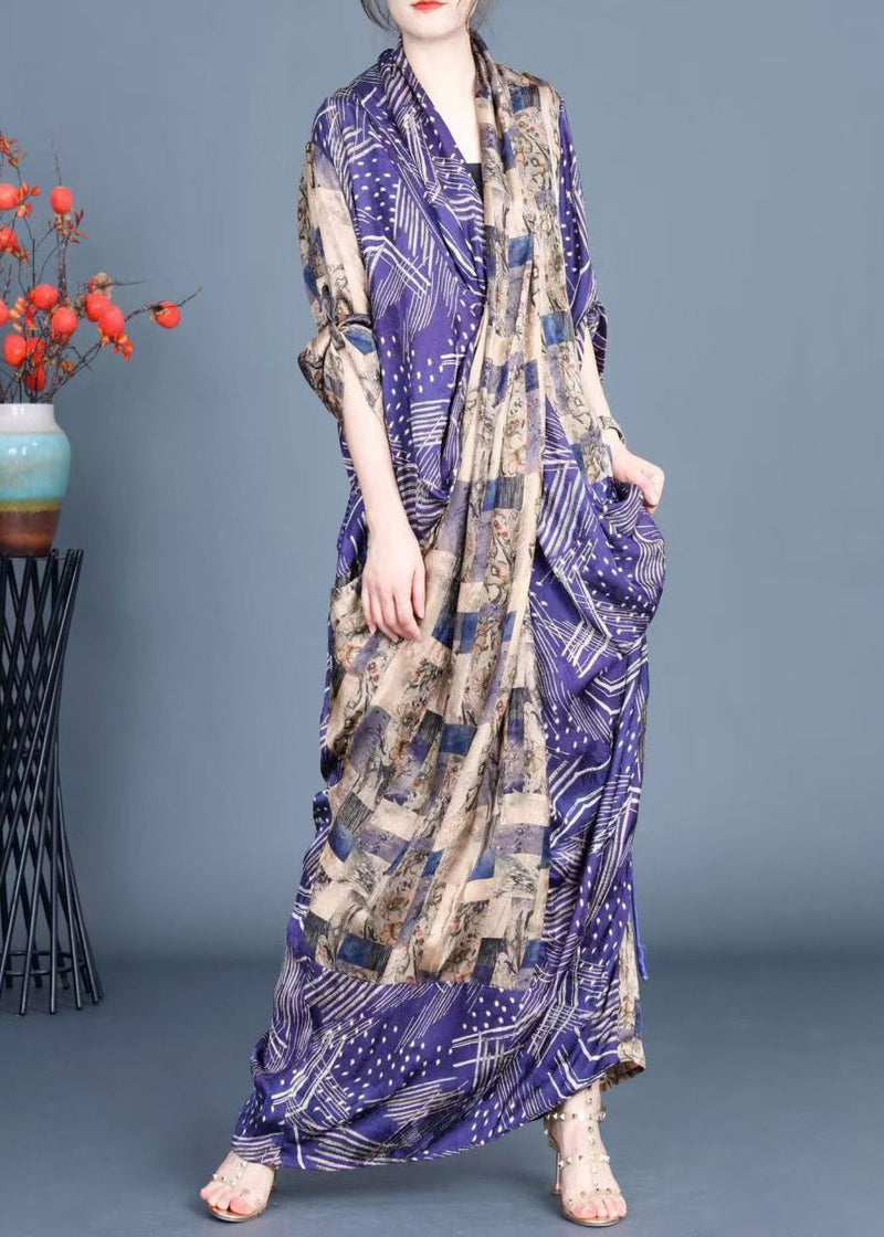 Blue Print Side Open Tie Waist Silk Long Dress Fall