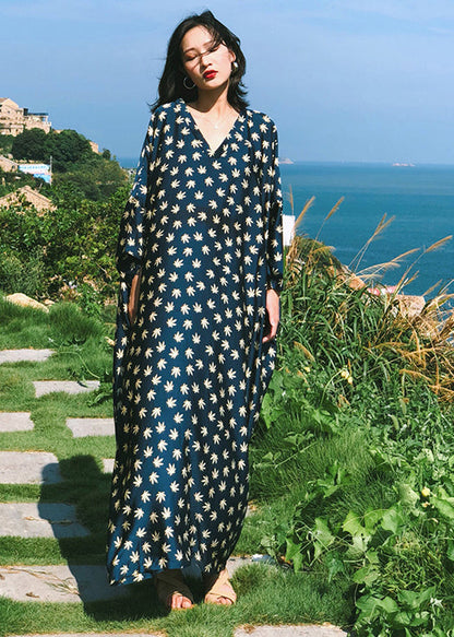 Navy V Neck Print Patchwork Silk Robe Dresses Fall