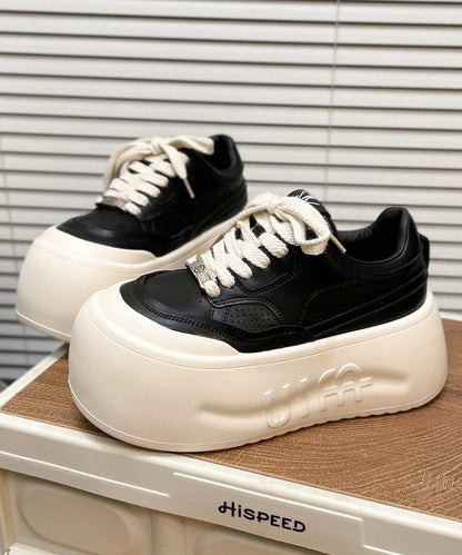 Lace Up Splicing Platform Shoes Beige Cowhide Leather