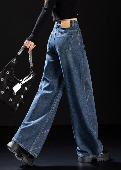 Stylish Blue Pockets Zircon Warm Fleece Denim Pants Spring