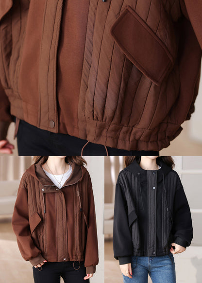 Coffee Patchwork Cotton Hoodie Coat Drawstring Winter