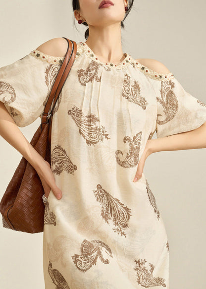 Style Apricot O-neck Cold Shoulder Print Maxi Dress Summer